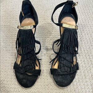 Dolce Vita Black Sandals with Fringe and Gold Accents
